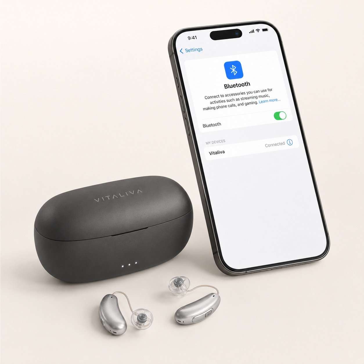 Vitaliva hearing aids paired with a smartphone
