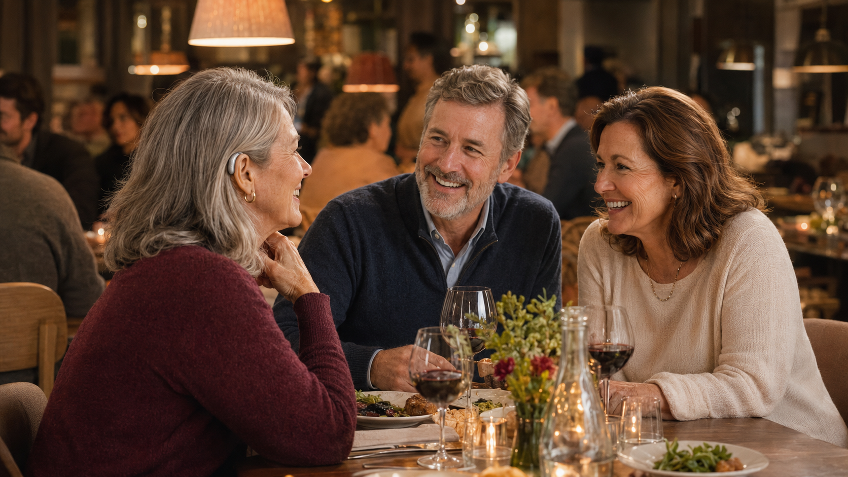 Friends talking clearly in a restaurant with Vitaliva hearing aids