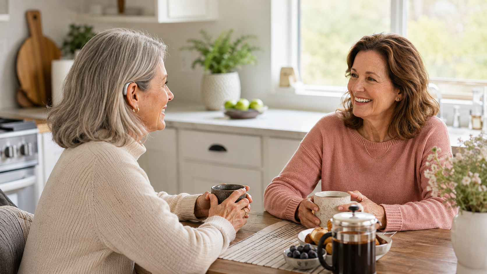 Two friends enjoying a clear conversation with Vitaliva hearing aids